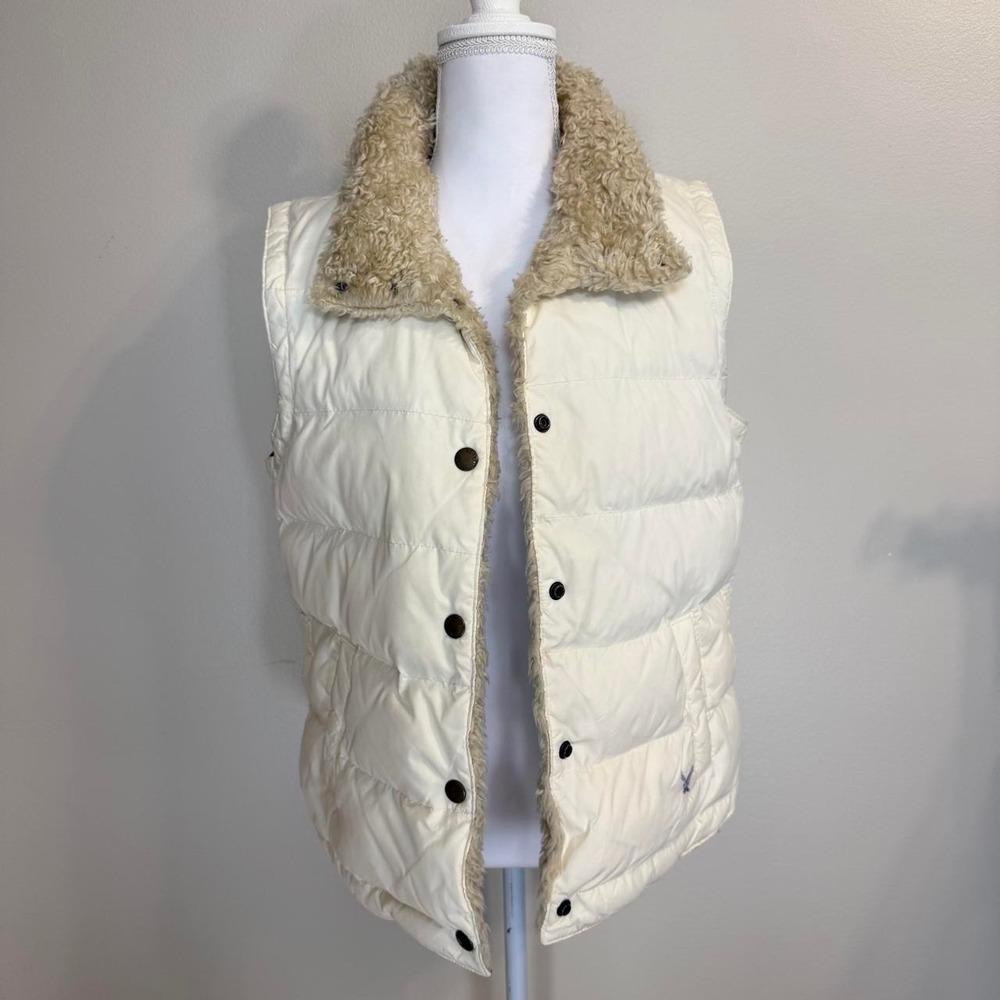 American Eagle Down Puffer Vest Faux Fur Button Down Womens L Logo Y2k Bratz